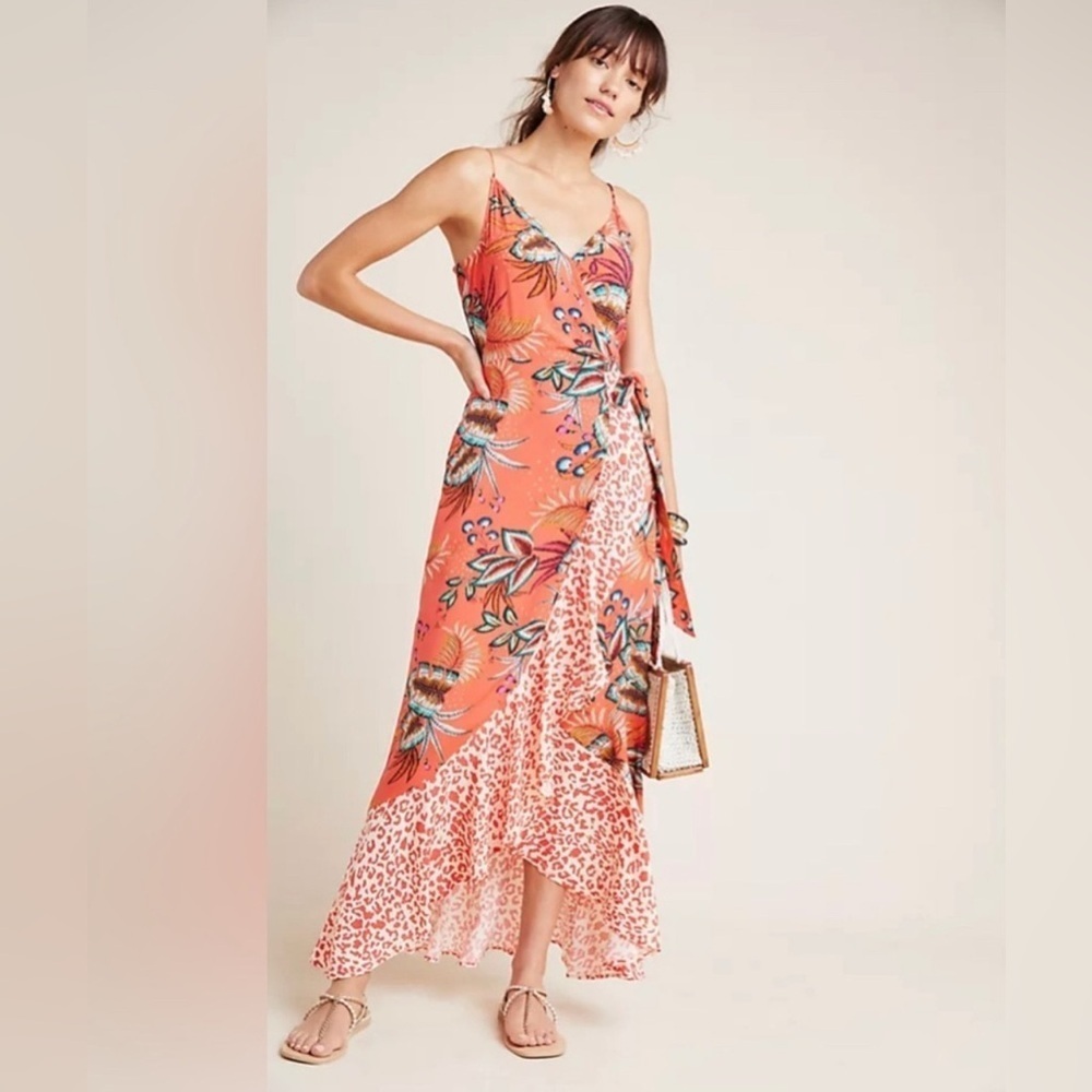 New FARM Rio Vibrant Orange Floral High Low Dress 100% viscose